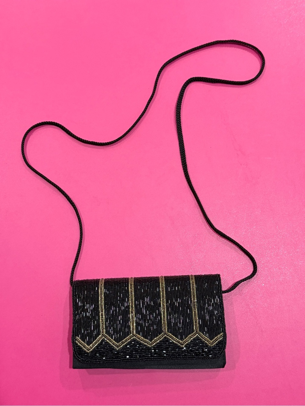 Vintage La Regale Beaded Evening Bag Art Deco Crossbody Clutch Black Gold Purse